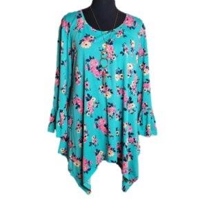(1) BOBBIE BROOKS Womens size 2X blue floral flowy shirt with necklace